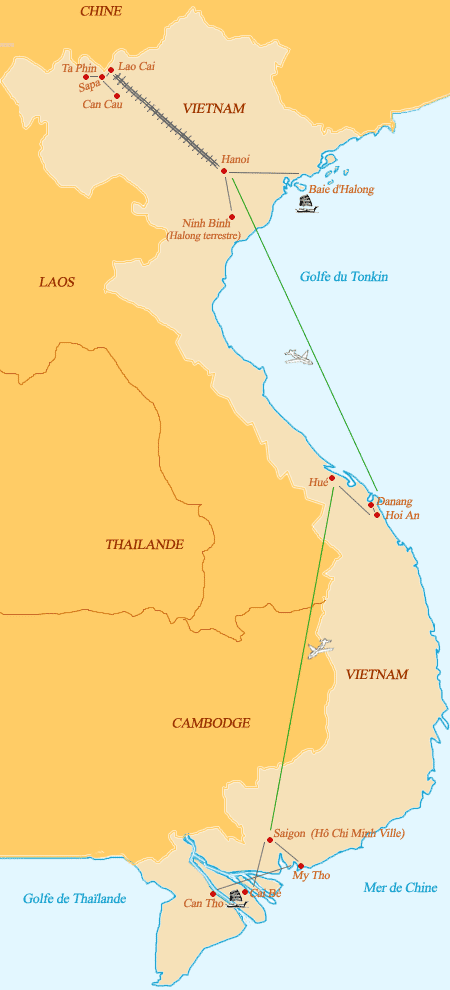 Carte du Vietnam - Notre itinéraire.