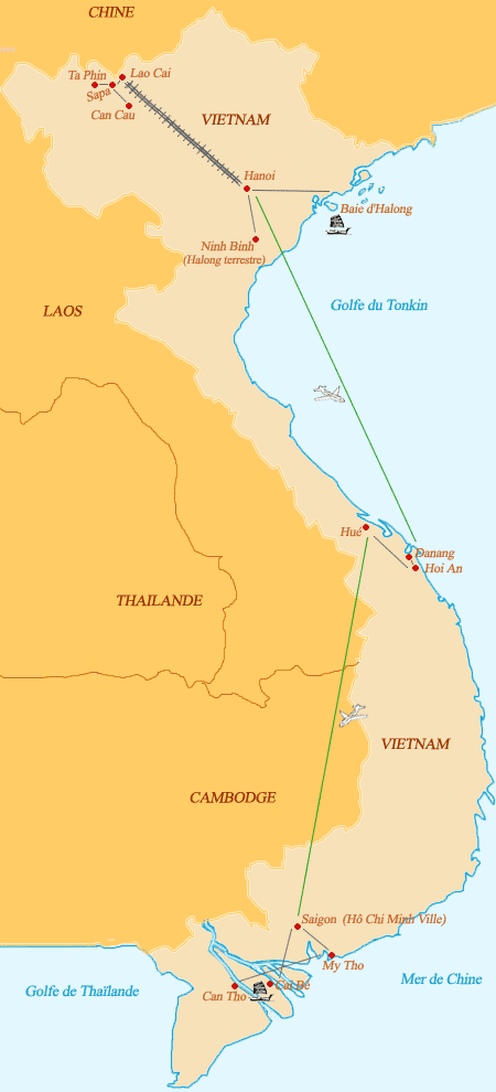 Carte du Vietnam - Notre itinraire.